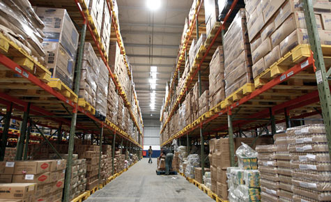 The inside of a large commercial warehouse.